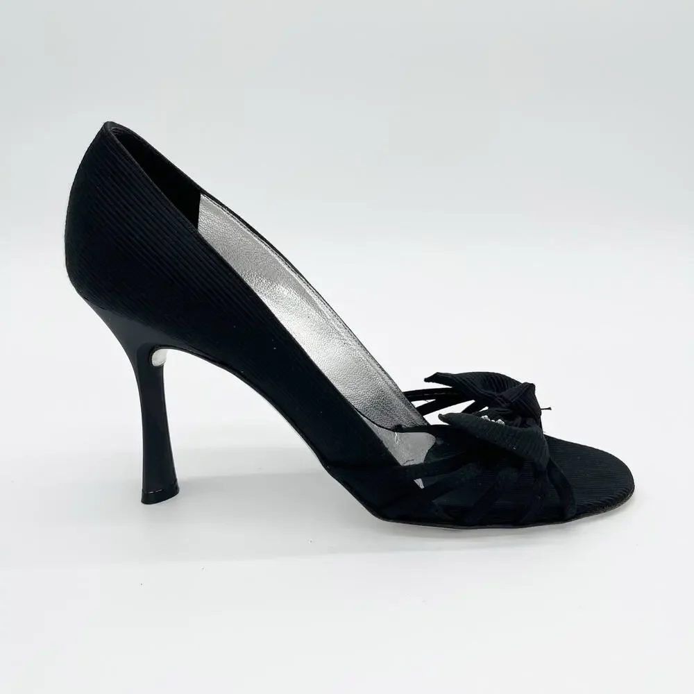 Chanel Vintage Karl Lagerfeld Y2K Grosgrain Bow Pearl CC Peep Toe Heels EU 37